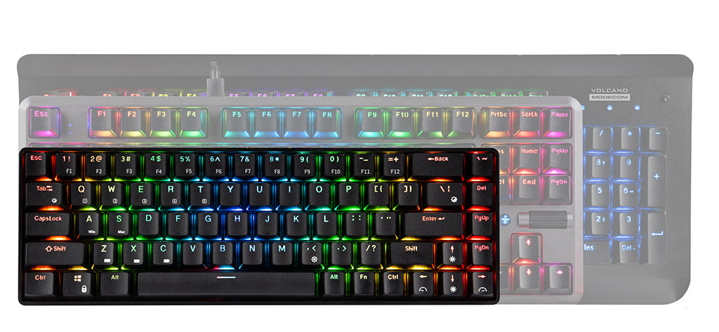 MODECOM Volcano Lanparty RGB BT jest klawiaturą 65%, co oznacza, że jej niewielki rozmiar to optymalny wybór nie tylko dla graczy (pozwala zachować więcej miejsca na biurku dla myszki), ale także dla osób poszukujących wygodnej klawiatury do pisania.