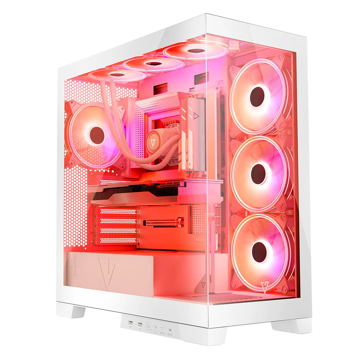 Wydajesz niemałe pieniądze na procesor, płytę główną, kartę graficzną oraz pamięć RAM i to wszystko umieszczasz w obudowie komputerowej. Czasem patrzysz na swoją obecną obudowę, która skrywa te wszystkie komponenty i żałujesz, że nie widzisz tych wszystkich zdobyczy technologicznych, które generują tyle FPS w grach. Obudowa Volcano Space posiada specjalną konstrukcję, w której frontowy i boczny panel wykonane zostały z hartowanego szkła. Dzięki temu swoją konstrukcją przypomina akwarium w którym widać wszystkie zainstalowane komponenty praktycznie pod każdym kątem. Oto obudowa dla miłośników eksponowania swojego komputera! Co więcej, w tej wyjątkowej konstrukcji zainstalujesz płytę główną z odwróconymi złączami, a montaż komputera uprzyjemnią ergonomiczne rozwiązania jak montaż i demontaż paneli na zatrzaski. Dla jak największej personalizacji Twojego komputera osobistego umożliwiliśmy przeniesienie panelu I/O z boku na front, zostawiliśmy też naprawdę sporo miejsca na opcjonalne chłodzenie wodne i długie karty graficzne. Twój komputer poczuje się tutaj jak ryba w wodzie.