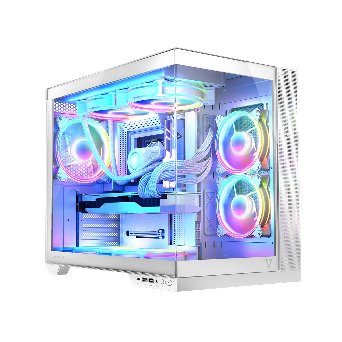 The Volcano Panorama model is in line with the latest trends in displaying installed components. One panel with tempered glass is not enough - here we have prepared the possibility of full exposure of the computer. Expensive graphics card, RAM modules, processor cooling, all this is a shame to keep locked away. If you are building a computer with carefully selected components, we know how important it is for you to be able to expose them to the light of day.
 We have prepared several versions of the model, including with as many as seven pre-installed fans, five or three, giving a wide range of configuration possibilities. And by choosing Volcano Panorama, you get, above all, the possibility of installing motherboards with reversed connectors, plenty of space for components - long graphics cards and high processor cooling, a USB-C connector and two USB 3.0, and a two-chamber design, where the vertically mounted power supply is separated from the mounting part. 
Everything is enclosed in two glass panels for the best effect.