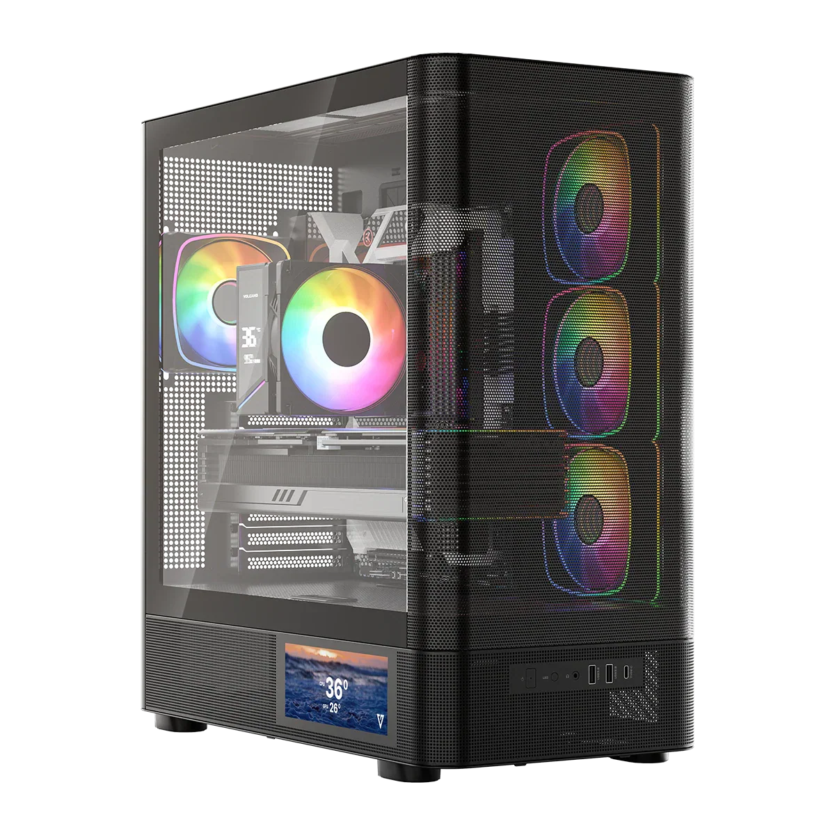 <div>Wyświetlacz LCD na boku obudowy. Cztery wentylatory ARGB w standardzie. Kontroler wentylatorów ARGB. Gotowa na chłodzenie wodne do 420 mm. Przewiewna i pojemna. Wzornictwo oparte na obłym kształcie panelu frontowego. Konstrukcja umożliwiająca montaż płyty głównej z odwróconymi złączami. Perforowany, metalowy panel przedni. Dwa porty USB 3.0 oraz jeden USB-C (USB 3.2 Gen 2). Filtr przeciwkurzowy. Panel górny oraz boczne na zatrzaski</div>